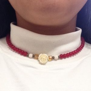 Red Beaded and Cream Rose Stretch Choker Necklace